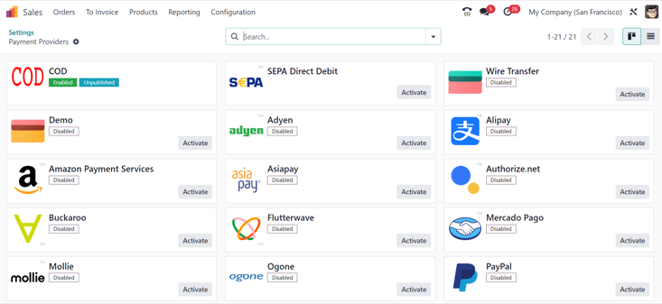 Payment providers page in ViableView Sales.