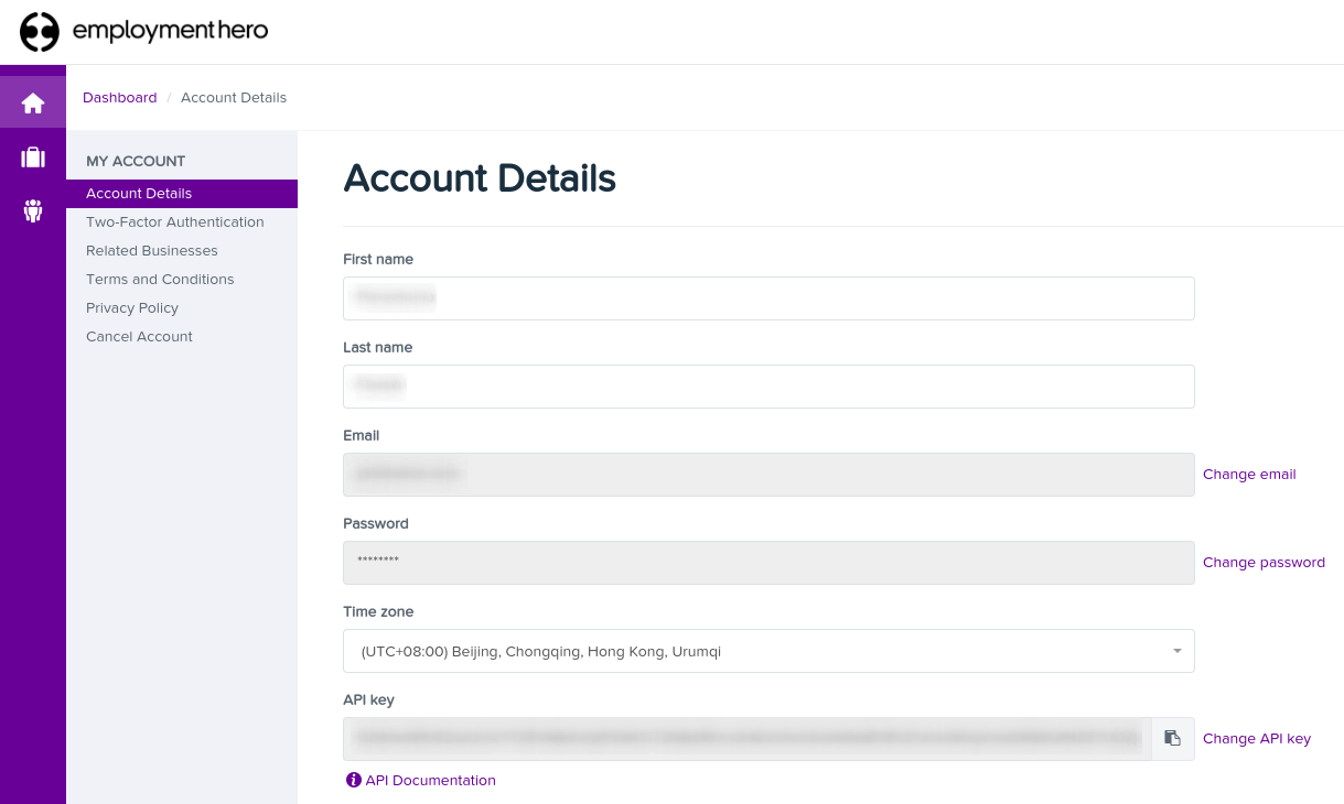 Finding the Employment Hero API key under the My Account section.
