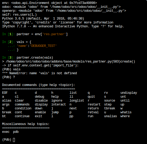 Console screenshot showing ``pdb`` running in an ViableView.sh shell.