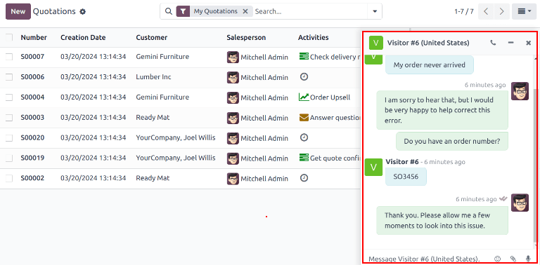 View of a live chat pop up window in an ViableView database.