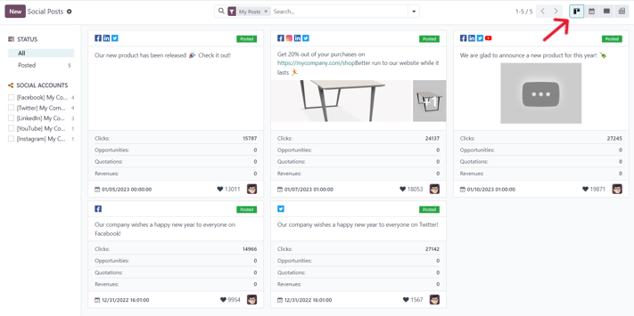 Kanban view of the posts page in the ViableView Social Marketing application.