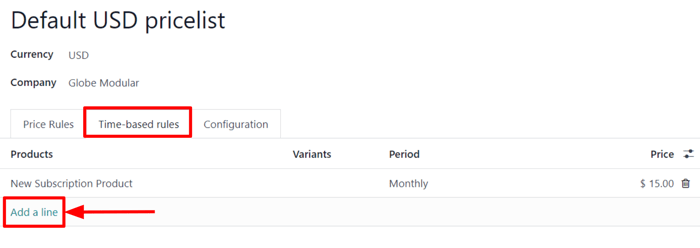 The time-based rules tab on a pricelist form in ViableView Sales.