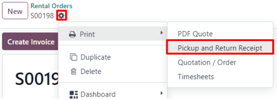 The pickup and return receipt print option in the ViableView Rental application.