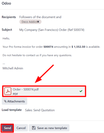 The email pop-up window that appears with pro-forma invoice attached in ViableView Sales.