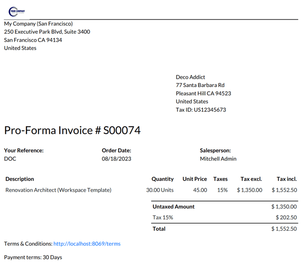 Sample pro-forma invoice PDF from ViableView Sales.