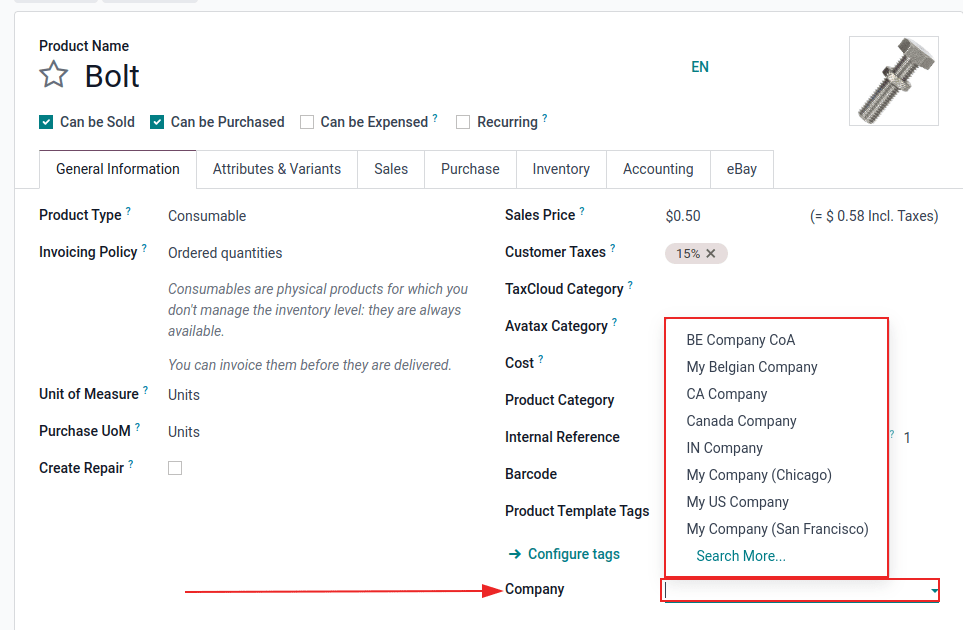 View of a product's form emphasizing the company field in ViableView Sales.