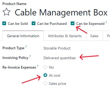 Product settings for a purchase order to be invoiced on a sales order in ViableView.
