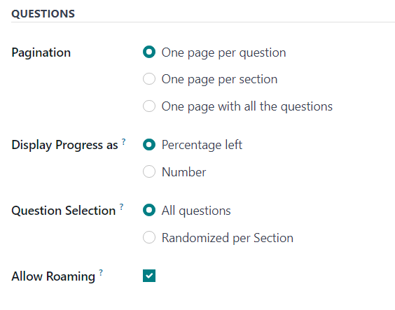 The Questions section of the Options tab on a survey form in ViableView Surveys.