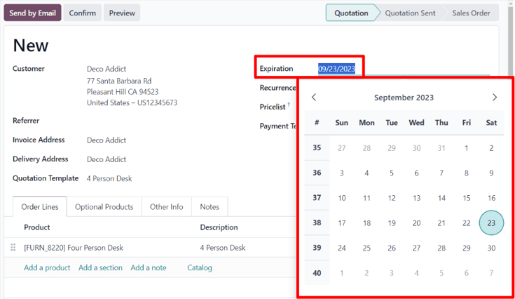 The expiration field on a standard quotation form in ViableView Sales.