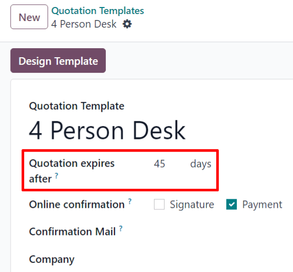 The quotation expires after field on a quotation template form in ViableView Sales.