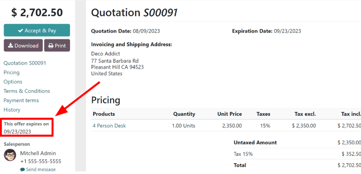 How customers will see deadlines on ViableView Sales.