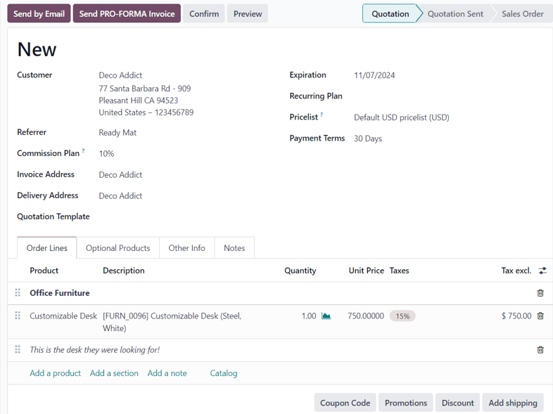 A typical quotation form in the ViableView Sales application.