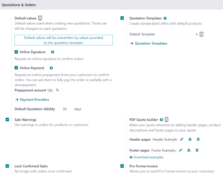 The Quotations and Orders section on the ViableView Sales app Settings page.