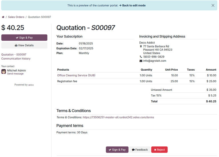 Customer preview of a quotation template in ViableView Sales.
