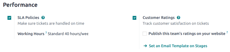 Overview of the settings page of a helpdesk team emphasizing the rating on ticket feature in ViableView Helpdesk.