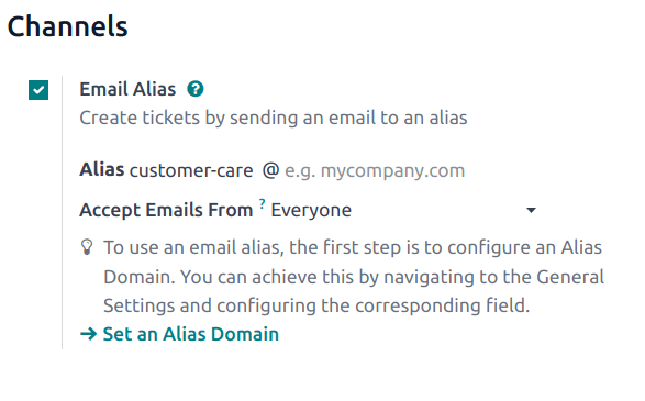 View of the settings page of a Helpdesk team emphasizing the email alias feature in ViableView Helpdesk.