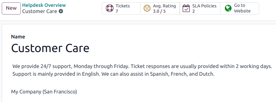 View of the settings page of a helpdesk team emphasizing the Go to Website button in ViableView Helpdesk.