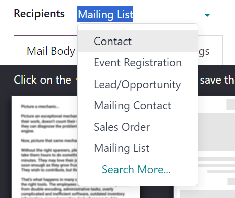 View of recipients drop-down menu in the ViableView Email Marketing application.
