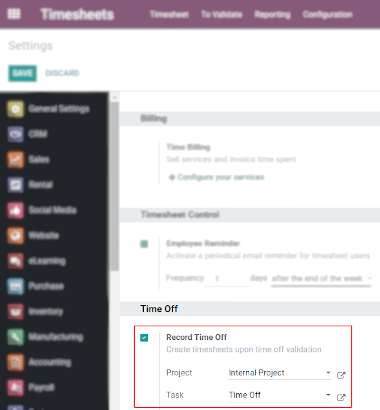 View of Timesheets setting enabling the feature record time off in ViableView Timesheets