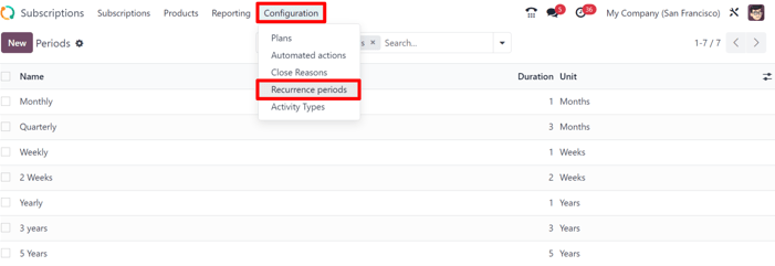 The recurrence periods page in ViableView Subscriptions application.