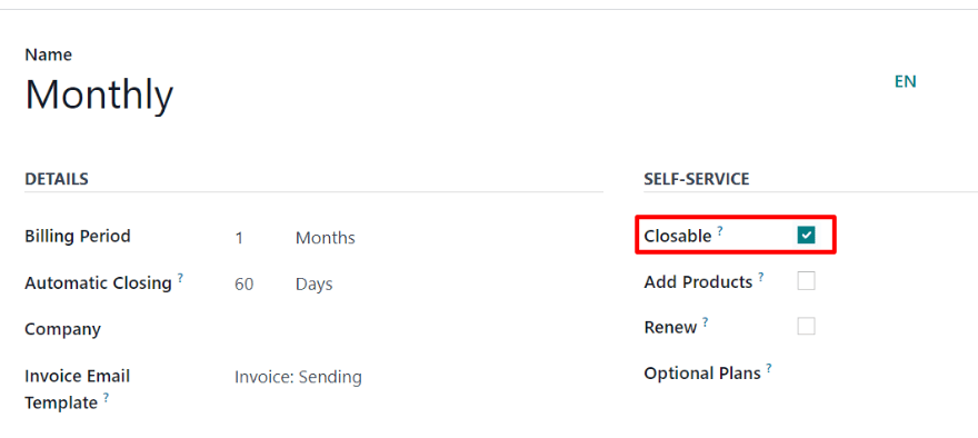 The Closable option on a recurring plan form in ViableView Subscriptions.