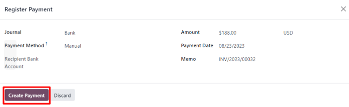 A register payment pop-up window on a customer invoice in ViableView Sales.