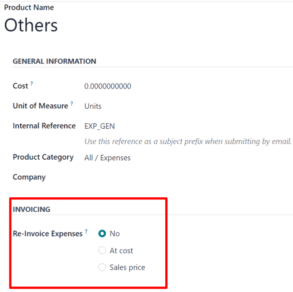 The Re-Invoice Expenses field on an Expense Category form in the ViableView Expenses app.