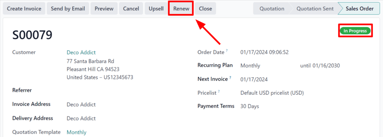 Renew button on subscription sales order with ViableView Subscriptions.