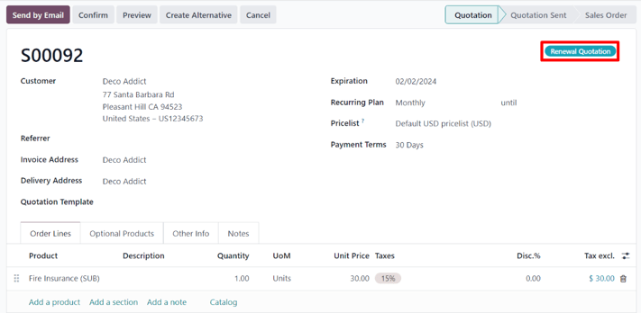 Renewal quotation in the ViableView Subscriptions application.