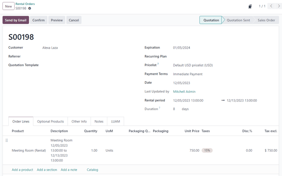 Sample of a filled out rental order available in the ViableView Rental application.