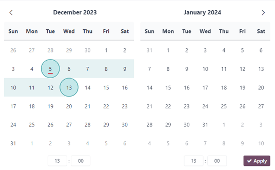 Sample of a rental period calendar pop-up window in the ViableView Rental application.