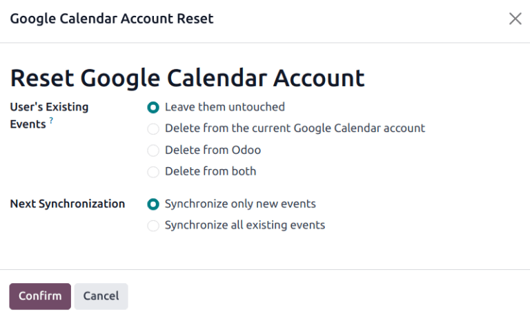 Google calendar reset options in ViableView.