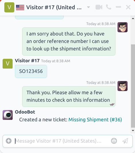 View of the chat window with a helpdesk ticket created in ViableView Live Chat.