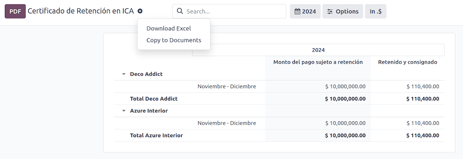 Certificado de Retención en ICA report in ViableView Accounting.