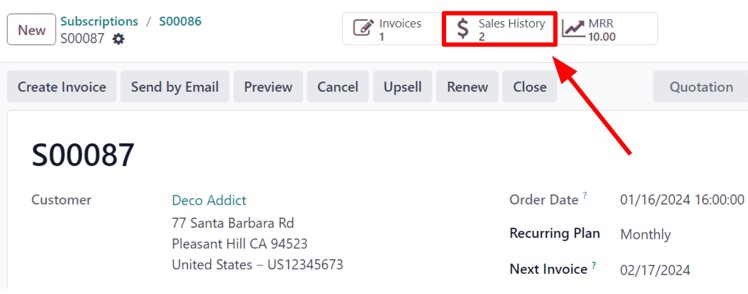 Sales History smart button in the ViableView Subscriptions application.