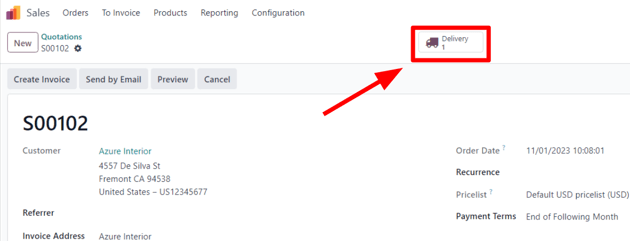 A typical sales order with a highlighted delivery smart button in ViableView Sales.