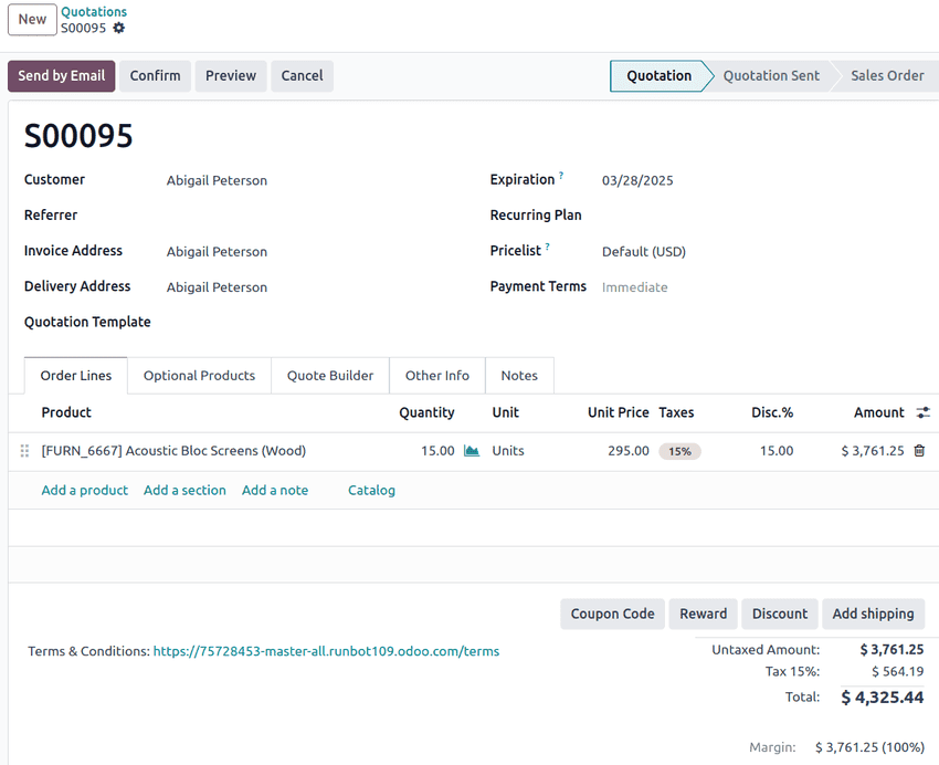 Unconfirmed sales quotation in ViableView **Sales** app.