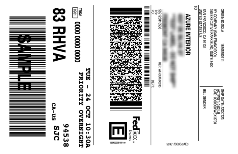 Sample label generated from ViableView's shipping connector with FedEx.