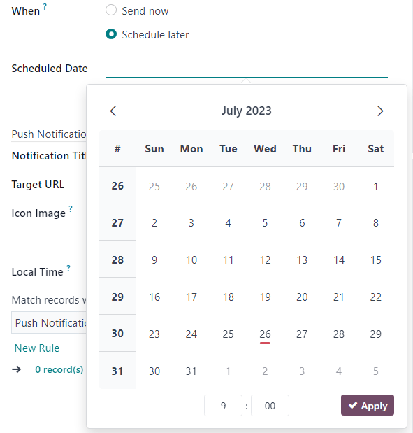 Schedule date pop-up window that appears on social media post detail form in ViableView.