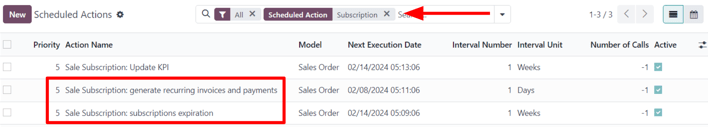 The subscription-related results on the scheduled actions page in ViableView Settings.