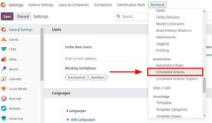 The scheduled actions option under the technical menu in the ViableView Settings application.