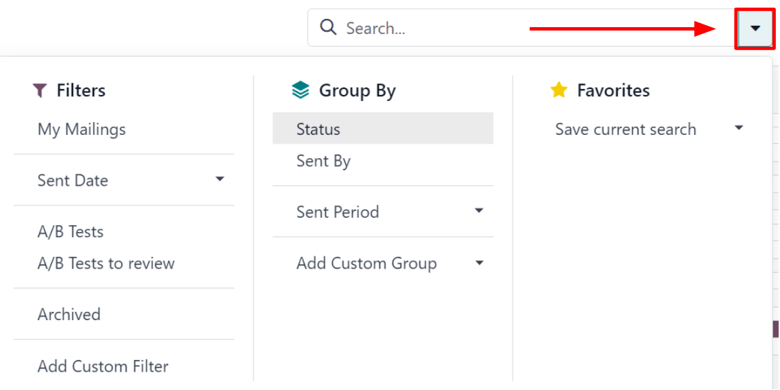 The drop-down mega menu of search options the ViableView Email Marketing application.