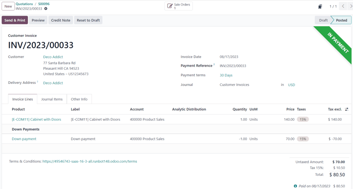 The second down payment invoice with in payment banner in ViableView Sales.
