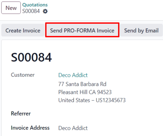 The Send Pro-Forma Invoice button on a typical sales order in ViableView Sales.