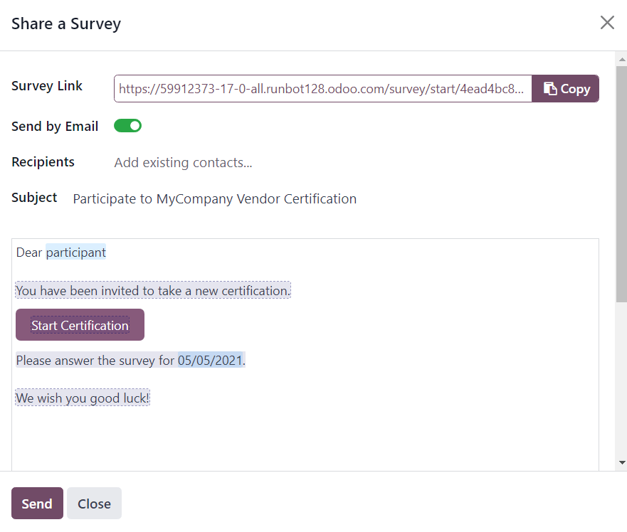 The 'Share a Survey' pop-up window in ViableView Surveys with the Send by Email toggled on.