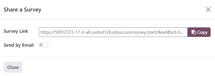 The 'Share a Survey' pop-up window that appears in the ViableView Surveys application.