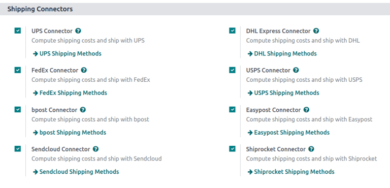 Options of available shipping connectors in ViableView.