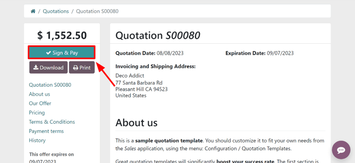 The Sign and Pay button present on online quotations in ViableView Sales.