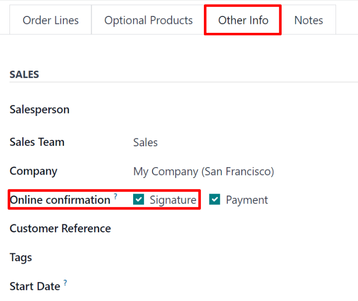The online signature feature option in the Other Info tab of a quotation form in ViableView.