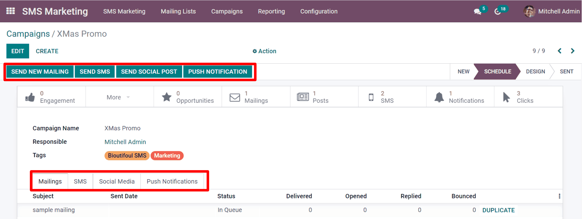 View of an SMS campaign template in ViableView SMS marketing.